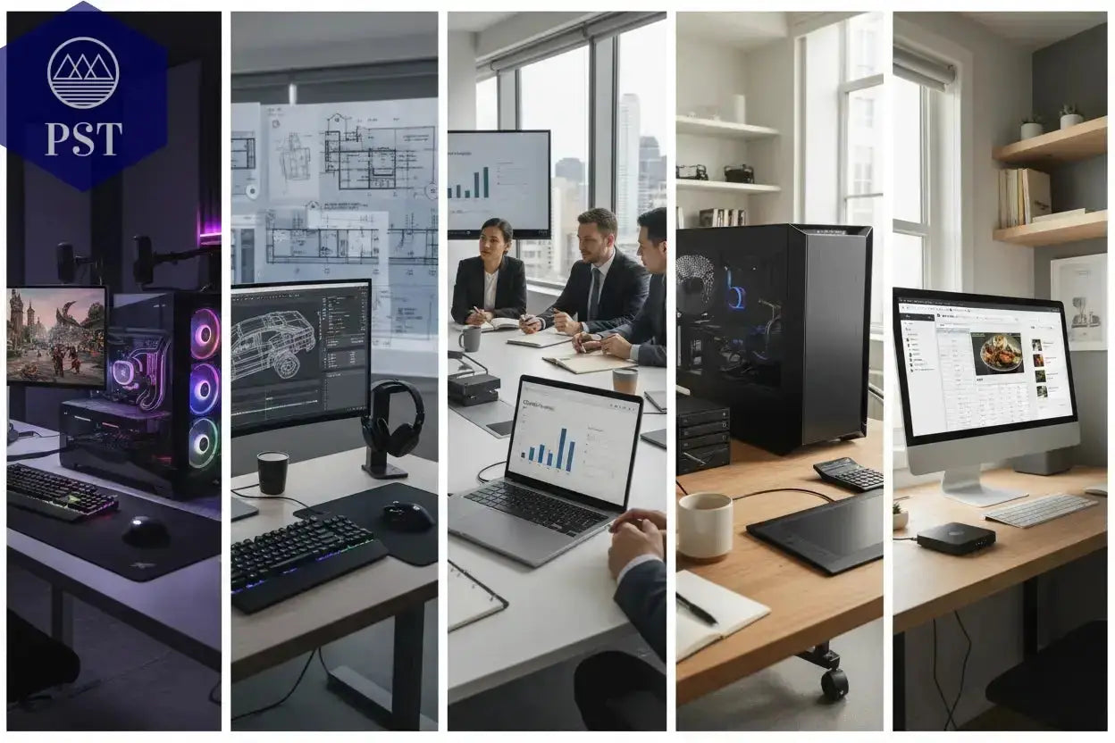 Computer Darstellung von Computer Typen und Anwendungen bspw. als Office PC, Business Comp Notebook, All-in-One PC und Gaming PC PS Tradings